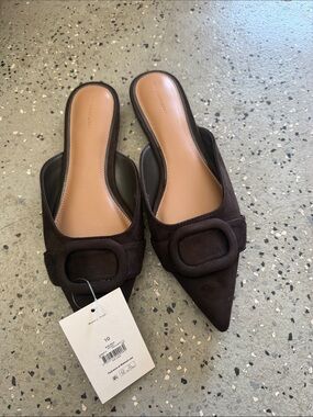 Free Assembly Pointed Slide Mules with Decorative Buckle in Dark Brown size 10